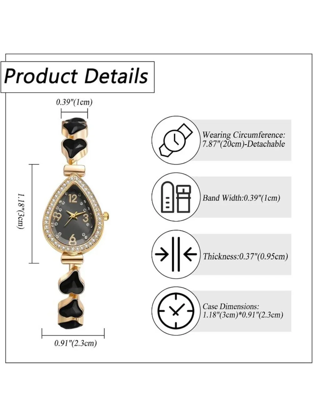 Women's Black Crystal Teardrop Rhinestone Dial Ultra-Thin Metal Wrist Watch